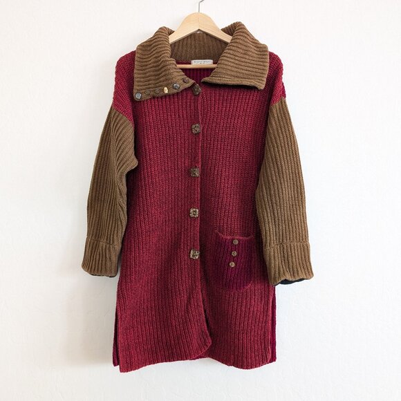 MARGARET WINTERS Cardigan S Red Brown Color Block Longline Button Front Sweater - Picture 1 of 15